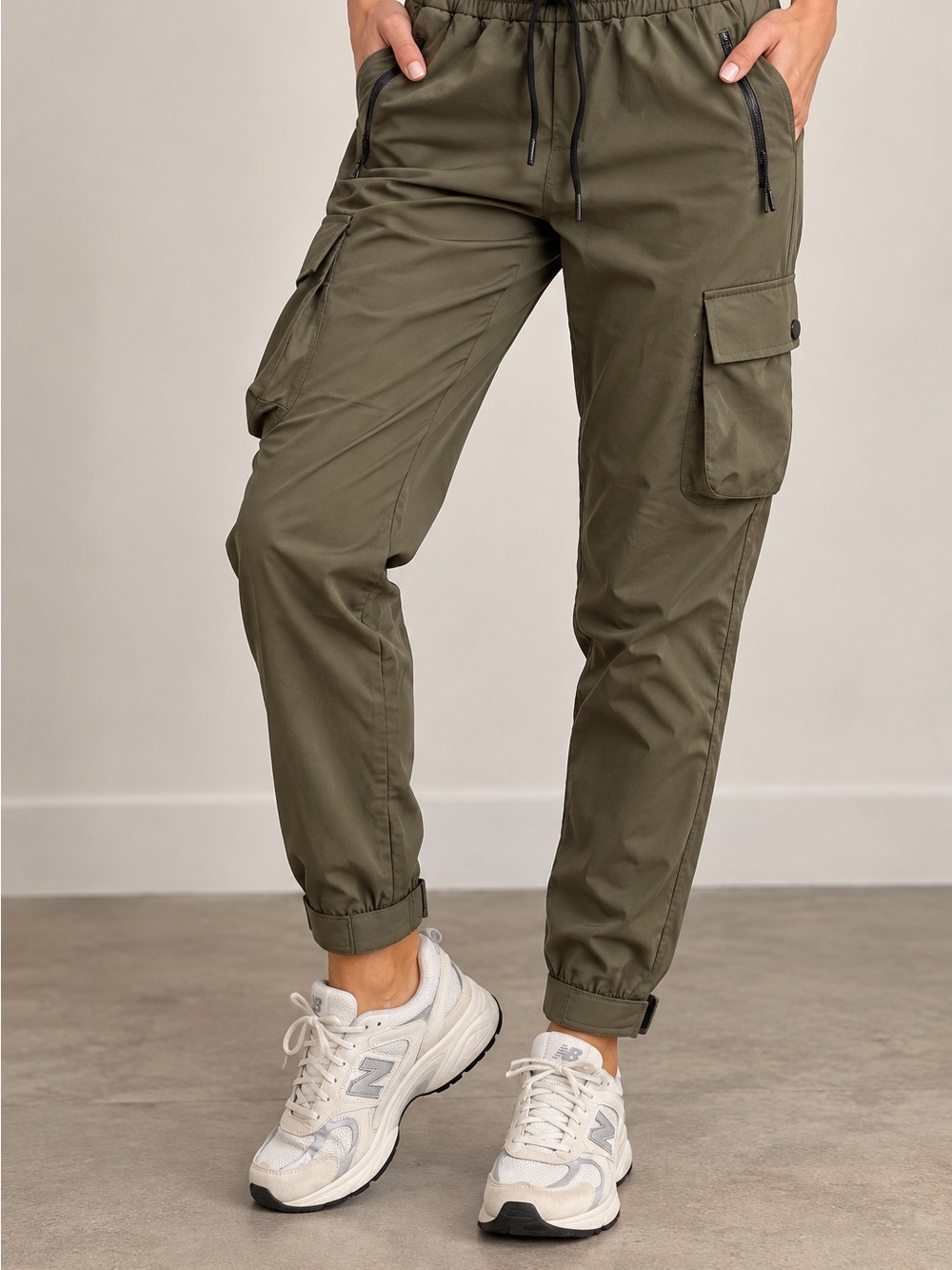 Women's Olive Cargo Joggers with Drawstring Waist